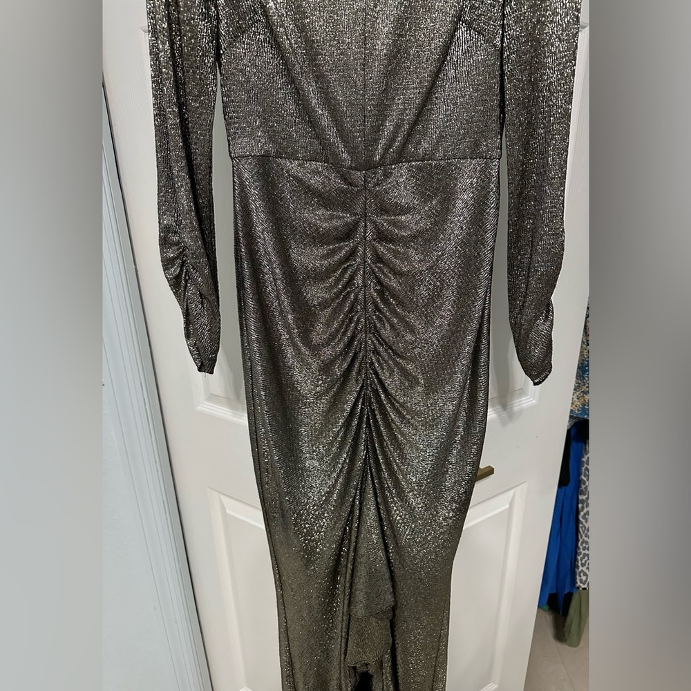 ELIZA J Metallic Long Sleeve High/Low Gown